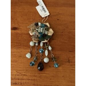 Laila Rowe Hammered Gold Tone Floral Brooch Blue Orange Bead Dangle Artisan